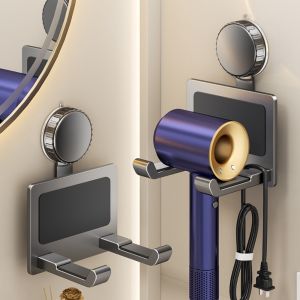 CHANBAEK Aluminum Suction Cup Hair Dryer Holder Punch-Free Reusable Hair Dryer Rack Towel Hanger Wall Mounted Hair Dryer Organizer Bathroom
