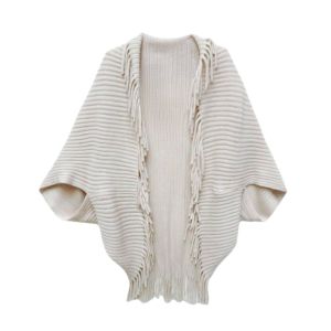 MUSCLEX V-neck Womens Shawl Mid-Length Fringe Knit Shawl Outfit Accessory Loose Fit Cardigan Cape Spring Autumn