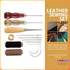 Amoki 13pcs DIY Leather Sewing Kit Sewing needle/Wooden Handle Awl/Wax Thread/Sewing Awl