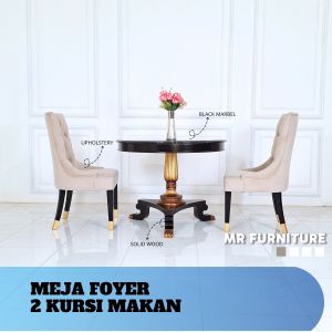 set meja makan top marmer hitam kaki kayu kursi 2pc