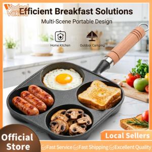 【Vakind】4-Hole Frying Pan with Wooden Handle Non Stick Surface Suitable for Gas Stove and Induction Cooker Perfect for Pancakes and Eggs