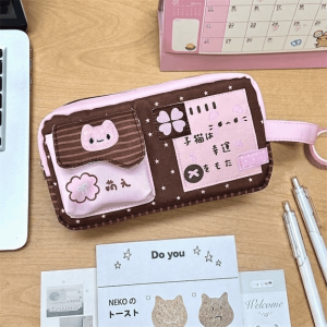 FPOTSK Large Capacity Cartoon Cat Print Pencil Case Canvas Four-Leaf Clover Print Stationery Bag New Style Multi-Pocket Pencil Pouch Office