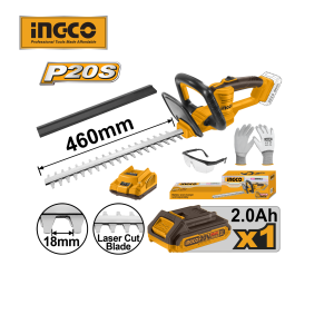 INGCO P20S 20V Li-Ion Cordless Hedge Trimmer with High-Quality Battery & Charger Ergonomic Handle and 460mm Dual-Sided Blade for Professional Garden Maintenance CHTLI20461