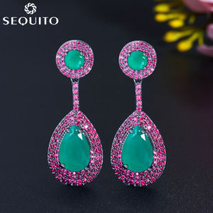 SEQUITO Vintage Pear Cut Emerald Stone Pave Water Drop Dangling Earing Cubic Zircon Women Exquisite Jewellery Costume Accessories SE388