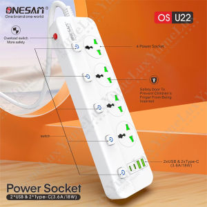 YumeLux Extension Socket Universal Adapter Plug Fast Charge Type-C Port USB Charging Surge Protector Power Child-Proof