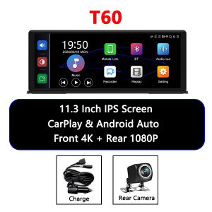 EKLEVA 11.3" Car DVR Carplay Android Auto Dashcam 4K 3840*2160 Front And 1080P Rear Camera Voice Control BT FM GPS Recorder Dual lens