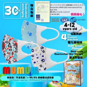 MUMUM 4ply 3D Premium Kids Mask -Multi Design Colour (30pcs)