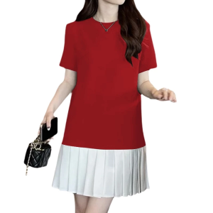 Korean Fashion Womens Color Matching Age-reducing Sweet Pleated Pleated Dress Short 7006