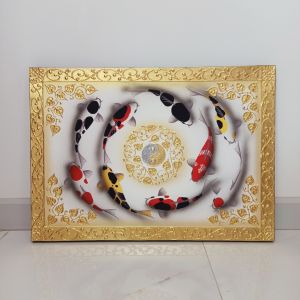 ภาพปลาคาร์ฟ ปลาคาร์ฟ 9 ตัว ภาพวาดสีน้ำ บนผืนผ้าใบ ขนาด 70 x 50 ซม. สำหรับเสริมฮวงจุ้ย บ้าน อาคาร สถานที่