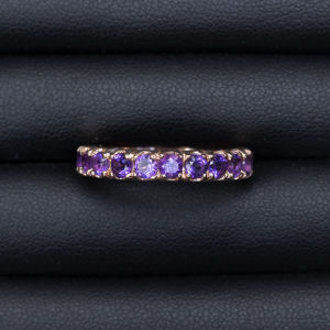พลอยพลอยอเมทริส (Amethyst) เรือนเงิน 92.5% ชุบพิ้งโกล์ สีม่วงเข้มสวย ไซส์นิ้ว 56 หรือ 7.5