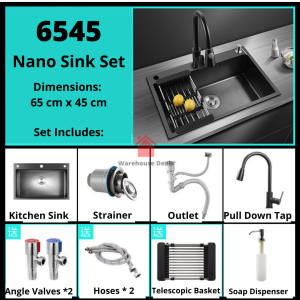 Kitchen Nano Sink Silver 304 Stainless Steel Kitchen Pull Down Faucet Drain Accessories