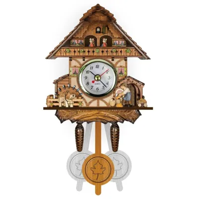 EAURA เงียบไร้เสียง นาฬิกาลูกตุ้มไม้โบราณ วินเทจ หอคอยป่าไม้ 3D chiming CLOCK หลากหลายสไตล์ รูปแบบที่สมจริง นาฬิกาไม้ติดผนัง การตกแต่งผนัง