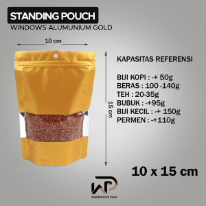 ( 10 Pcs ) Standing Pouch Alumunium Windows Gold | Kemasan Serbaguna | Kemasan Ziplock