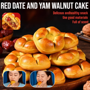 【Good Complexion】Red Date Yam Walnut Cake Traditional Chinese Snack Red Date Yam Walnut Biscuits Sugar Free Breakfast Snack  Elderly Leisure Craving Relief Pastry