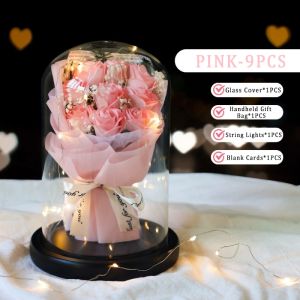 9PCS Eternal Rose With Led Light in Glass Dome Artificial Rose Flower Gifts for Valentine’s Day
