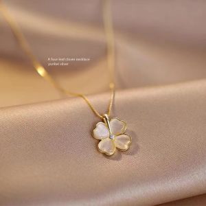 good 999 Korean fashion design Lucky clover 18K Gold Titanium Steel cymophane delicate petal  Necklace N8304
