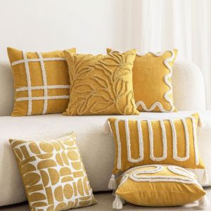 30x50cm/45x45cm Yellow Chenille Cushion Cover Handmade Loop Tuft Textured Throw Pillow Cover with Tassels Boho Modern Pillowcase for Home Sofa