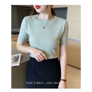 Knitted Blouse Plus Size Trendy Womens Summer Korean Style Casual Round Neck Short-Sleeve T-Shirt