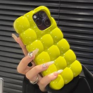 Cute Cartoon 3D Block Lattice Case for iPhone 15 14 13 16 Pro Max 12 11 Glossy Candy Solid Color Soft Silicone Shockproof Cover