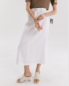 PLOWBRANDS - SK1010/02  Midi skirt ผ้าลินินแท้ S-2XL ผ่าด้านหลังสูง  มีหูเข็มขัด ติดกระดุมหน้า รูดซิปหน้า  กระเป๋าหลอก ใส่ซับในยาวทั้งตัว