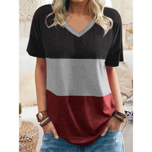 [Local Stock] ZEEMIN Summer Simple Stripe 3D Print T-shirt Women Streetwear Casual T Shirts Y2k Tops Woman Harajuku V-Neck Tees Oversized Clothing
