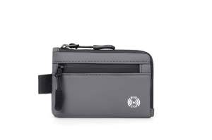 SERENITY Black RFID blocking wallet with zipper and strap. Fits on desk near laptop and payment terminal.