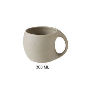 BAGUO(霸果) Japanese Style Rough Pottery Modern Art Coffee Cup with Wood Saucer Rounded Handle Ceramic Tea Cup Durable Matte Drink Mug Afternoon Tea