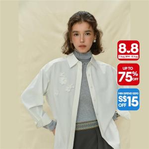 Giordano Women Woven Long-Sleeve Shirt with Invisible Placket & 3D Appliqués Free Shipping 18345829