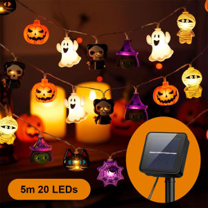 Halloween Decor Solar String Lights Warm White LED Fairy Lamp Outdoor Waterproof 8 Modes Auto On Off Mixed Pumpkin Ghost Spider Skull For Patio Porch Garden Party Decor