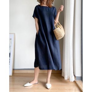 Artistic Slim Dress With Pockets Comfort Solid Color Mid-length Skirt Versatile Casual Nightdress