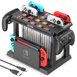 For Switch Joycon Charger 16 PCS Game Disc Card Storage+12 Slots Game Card Storage2 Pro Controller Holder for Nintendo Switch OLED Charging Dock Station with Cable