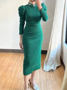 Green Puff Sleeve Formal Dress – Elegant Beaded Collar Midi for Office & Party