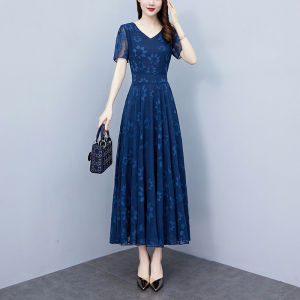 Impression Fashion Women Elegant Korean Style Jacquard Weave Chiffon V-neck Short Sleeve High Waist A-line Swing Plus Size Long Dress