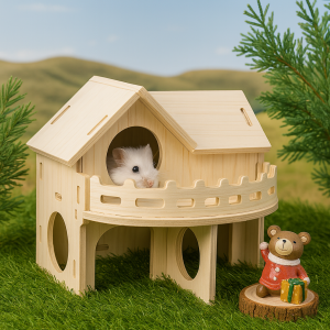บ้านไม้แฮมสเตอร์ 2 ชั้น ดีไซน์พรีเมียม – ไม้ธรรมชาติ ปลอดภัย ระบายอากาศดี ขนาด 14x17x15 CM