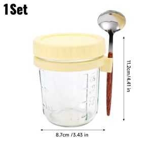 Overnight Oats Jar with Stainless Spoon Portable Cereal Jars with Lid Measurement Marks Breakfast Yogurt Salad Glass Cup Leak Proof Overnight Oats Container