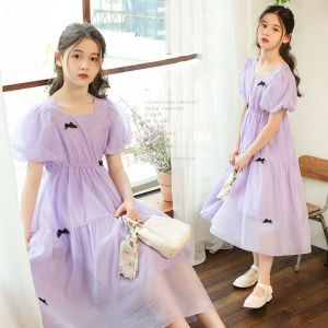 Maxi Long Teens Girls Maxi Long Dress Summer Spring Autumn Children Square Collar Princess Dresses Girl Elegant Kids Party Clothing Beige Purple Dress