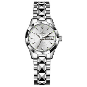 JSDUN 8936 Women Mechanical Fashion Watch Gift Round-dial Tungsten Steel Watchband Wristwatch Week Display Calendar