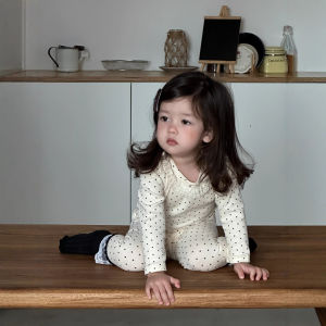 Korean-style childrens autumn clothing 2025 Autumn and winter baby polka dot pajamas girls autumn top and pants set
