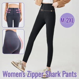 Womens Zipper Shark Pants Seamless Belly Contracting Hip Lifting Fleece-Lined Yoga Weight Loss Pants Yoga Leggings
