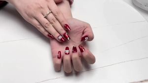 Sun&Beam Nails Handmade Short Coffin Ballerina Red False Nail Tips with Cute 3D Lion Popular Charm Design Press On Nails 10 Pcs ( # 016 XS)