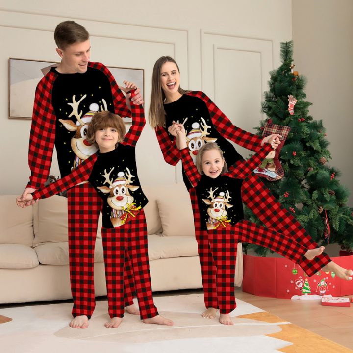 Family Christmas Pajamas Set 2023 New Year Clothes Parent-child Matching  Outfits Baby Romper Casual Soft Elk Print Sleepwear