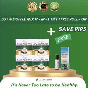 4 BOXES EXL COFFEE MIX 17-IN-1 1 FREE EXL VCO PLUS ALL-IN-ONE SKINCARE OIL ROLL ON