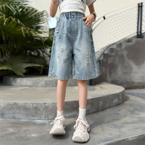 Kids Child Summer Retro Ripped Worn Through Knee-Length Shorts for Tweens Girls Goth Hip Hop Pocket High Waist Thin Capris Pants h260702