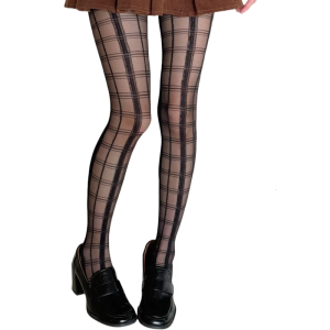 Trendy Sheer Stockings Hosiery for Women Japanese Style Gothic Plaids Checkered Patterned Black Silk Tights Pantyhose