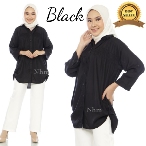 NHM Kemeja Hitam Polos Kemeja Jumbo Wanita Katun Rayon Adem