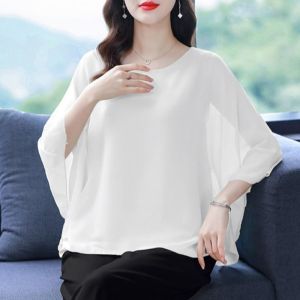 short sleeve white round neck formal blouse for women plus sizewavy sleeves