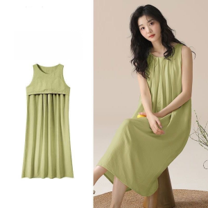 Womens Sleep Dress with Built-In Breast Pads Mid-Length Summer Plus Size Thin Sleeveless Sleepwear Can Be Worn Outside