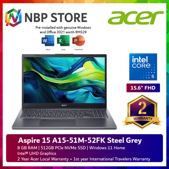 Acer Aspire 15 A15-51M-52FK FHD Laptop Steel Grey Core 120U, 8GB,  512GB SSD, Intel, W11, HS+M365 Lazada - Main Image