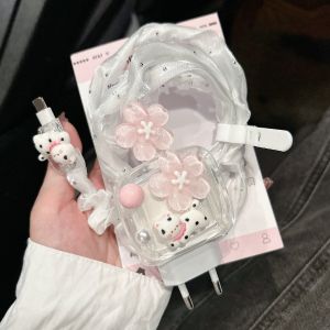 18w/20w/35w พันสายชาร์ ลายการ์ตูนนูน ถนอมสายลาย แมวดอกไม้ชมพู สำหรับ ไอโฟน 18w/20w/35w