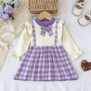 Bear Leader Autumn and Winter Long Sleeved Round Neck Sweater Dress Korean Version Checkered Bow Patchwork Knit Girls Clothes